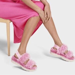 UGG PINK FLUFF SUGAR‎ PLATFORM SLIDE FAUX FUR SANDAL SHOE SLIPPER WOMEN Size 9